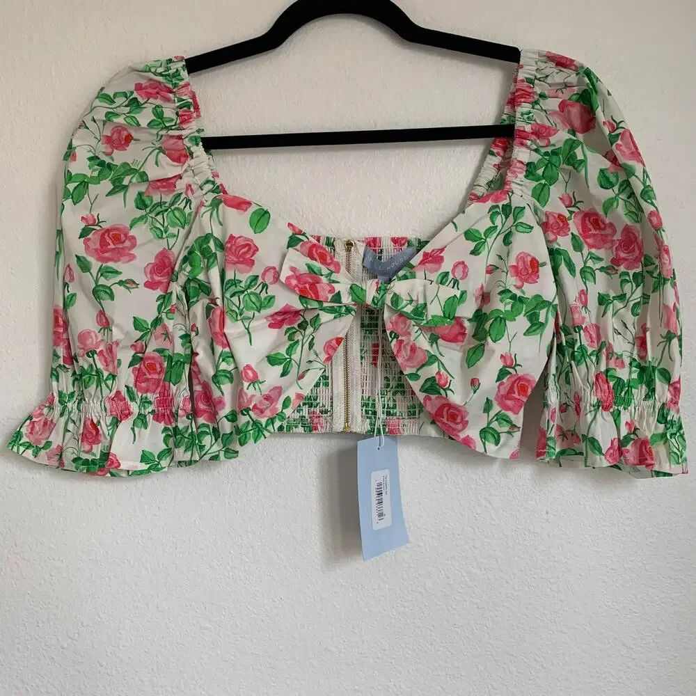 NWT Hill House Home‎ Puff Sleeve Floral Bow Crop Top in White/Pink
